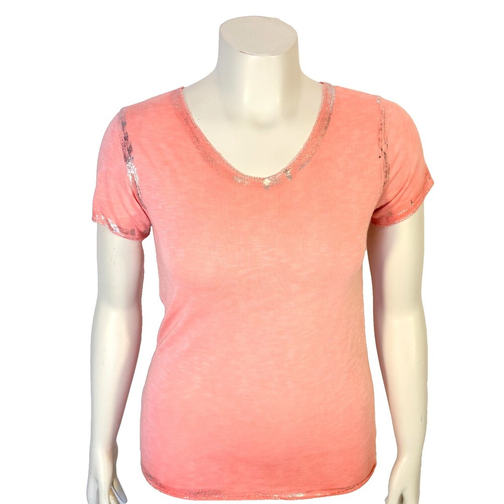 Gigi Moda Women's M Pink Knit Tee Shirt V-Neck Silver Trim Made in Italy